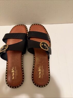 Coach and Four Black Leather Slide Sandals with Gold Buckle & Trim
